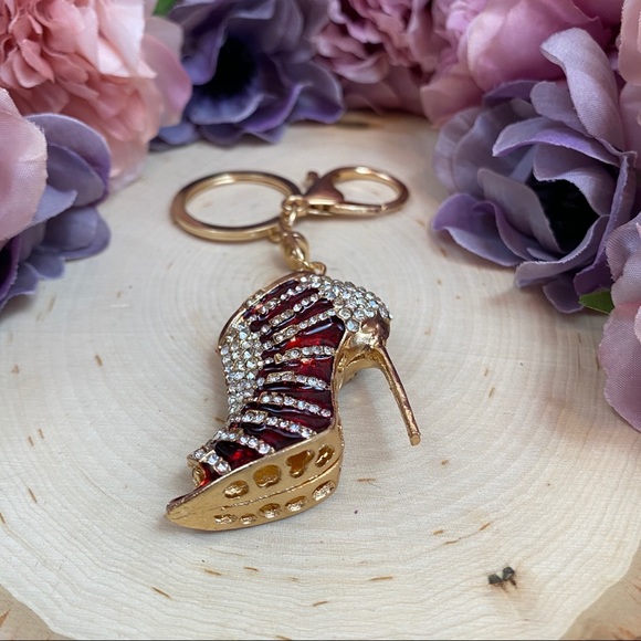 Red & Gold Crystal High Heel Shoe on Gold Keychain - Picture 7 of 8